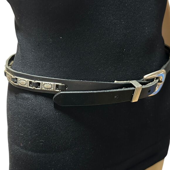 Fossil Black Leather Belt Narrow Silver Tone Metal Plates Womens Size S Western main image 8